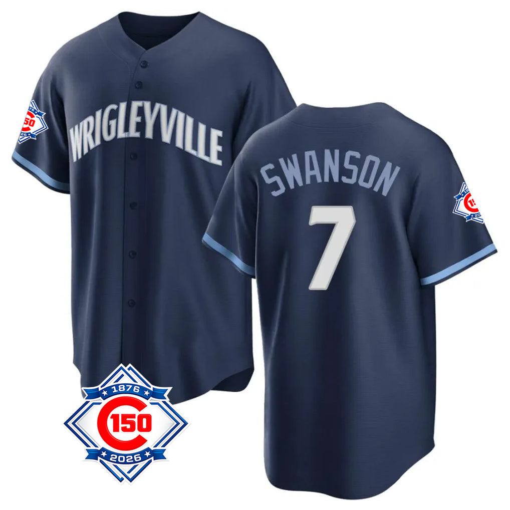 Seanshop C.Cubs #7 Dansby Swanson Player Navy 150th Anniversary City Connect Home Game Stitched Jerseys