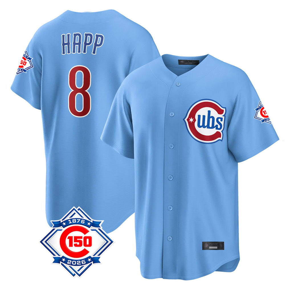 Seanshop C.Cubs #8 Ian Happ Player Light Blue 150th Anniversary Home Game Stitched Jerseys