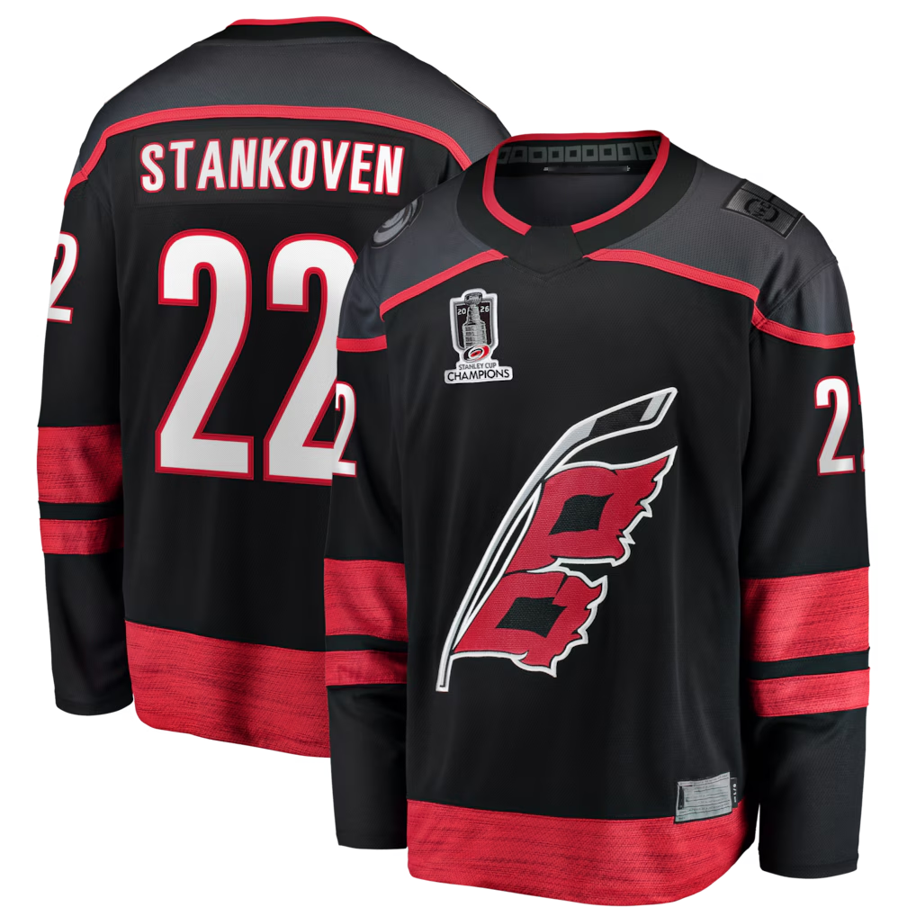 Seanshop C.Hurricanes #22 Logan Stankoven Black 2026 Stanley Cup Champions Home Breakaway Stitched Jerseys