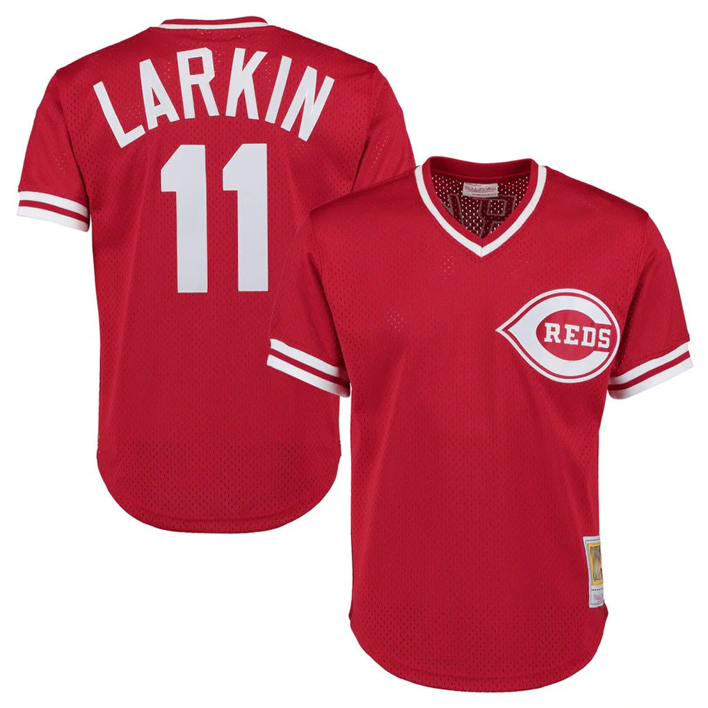 Seanshop C.Reds #11 Barry Larkin Player Mitchell & Ness Red Throwback Cooperstown Mesh T-shirt Game Stitched Jerseys