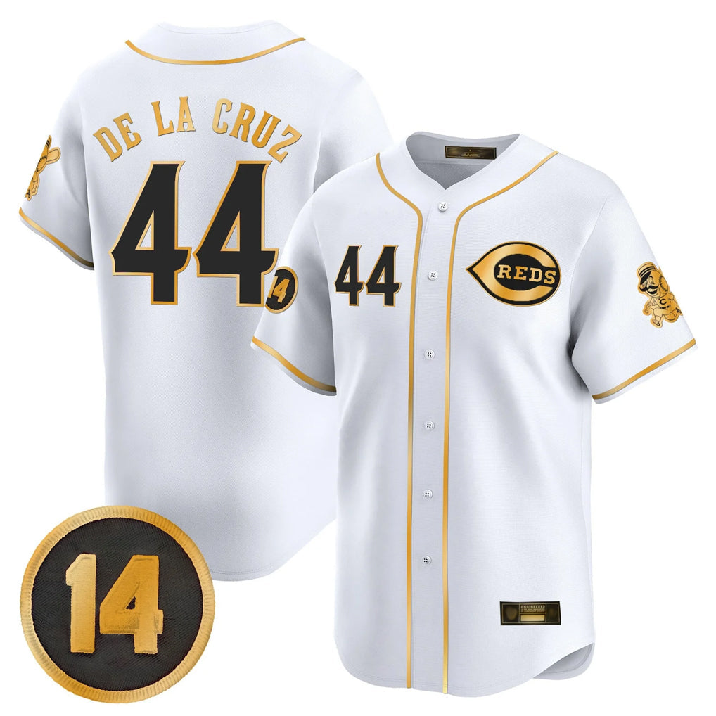 Seanshop C.Reds #44 Elly De La Cruz Player White-Gold Vapor Premier Limited Home Stitched Jerseys