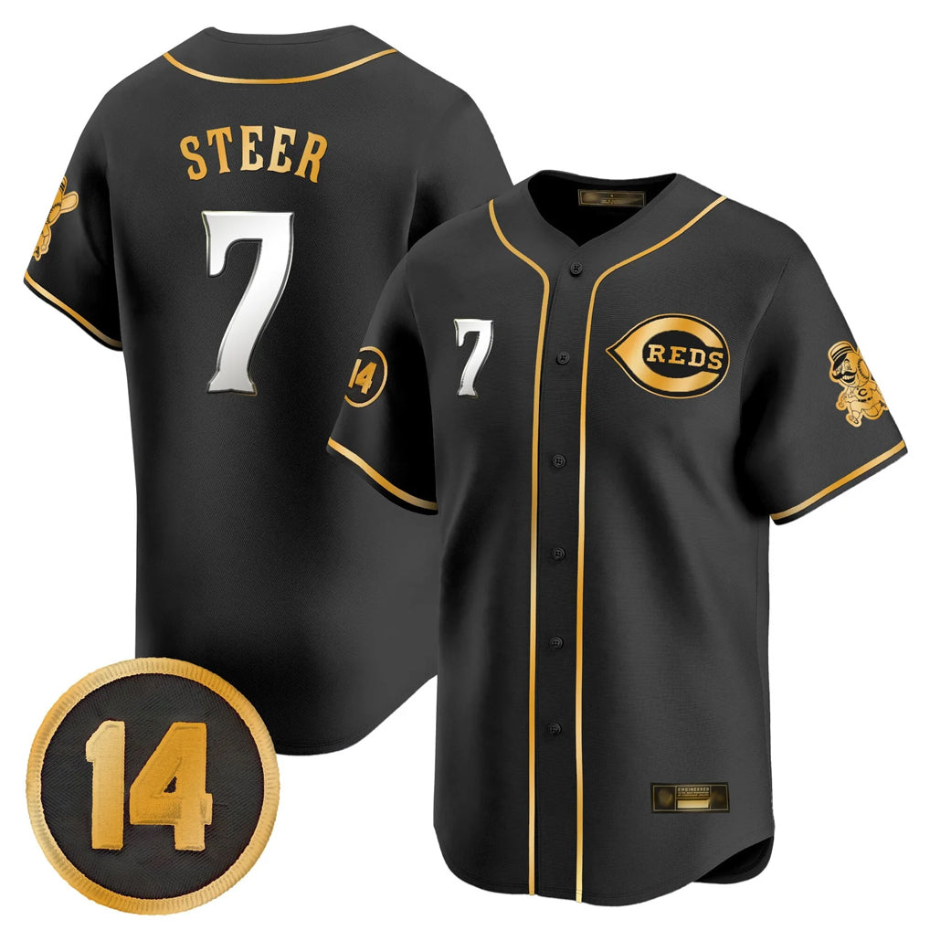 Seanshop C.Reds #7 Spencer Steer Player Black-Gold Vapor Premier Limited Home Stitched Jerseys