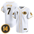 Seanshop C.Reds #7 Spencer Steer Player White-Gold Vapor Premier Limited Home Stitched Jerseys