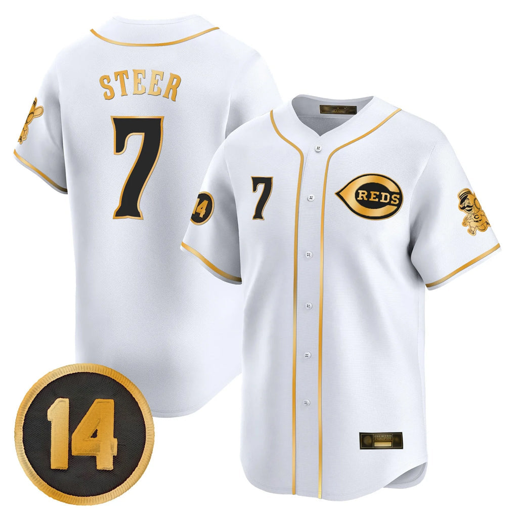 Seanshop C.Reds #7 Spencer Steer Player White-Gold Vapor Premier Limited Home Stitched Jerseys
