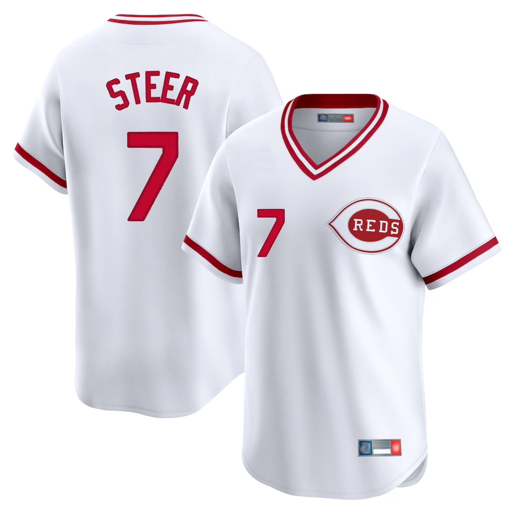 Seanshop C.Reds #7 Spencer Steer Player White Cooperstown Collection Limited T-shirt Home Stitched Jerseys