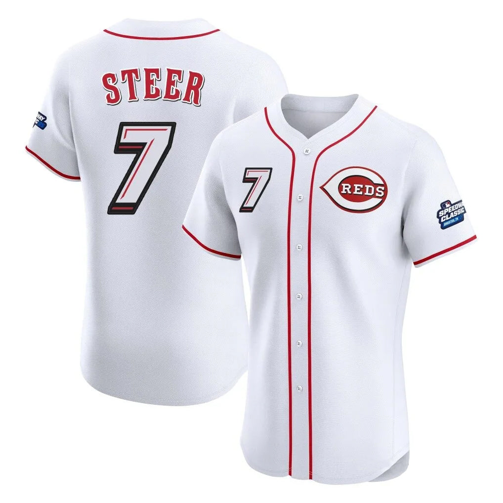 Seanshop C.Reds #7 Spencer Steer Player White Speedway Classic Limited Elite Home Stitched Jerseys