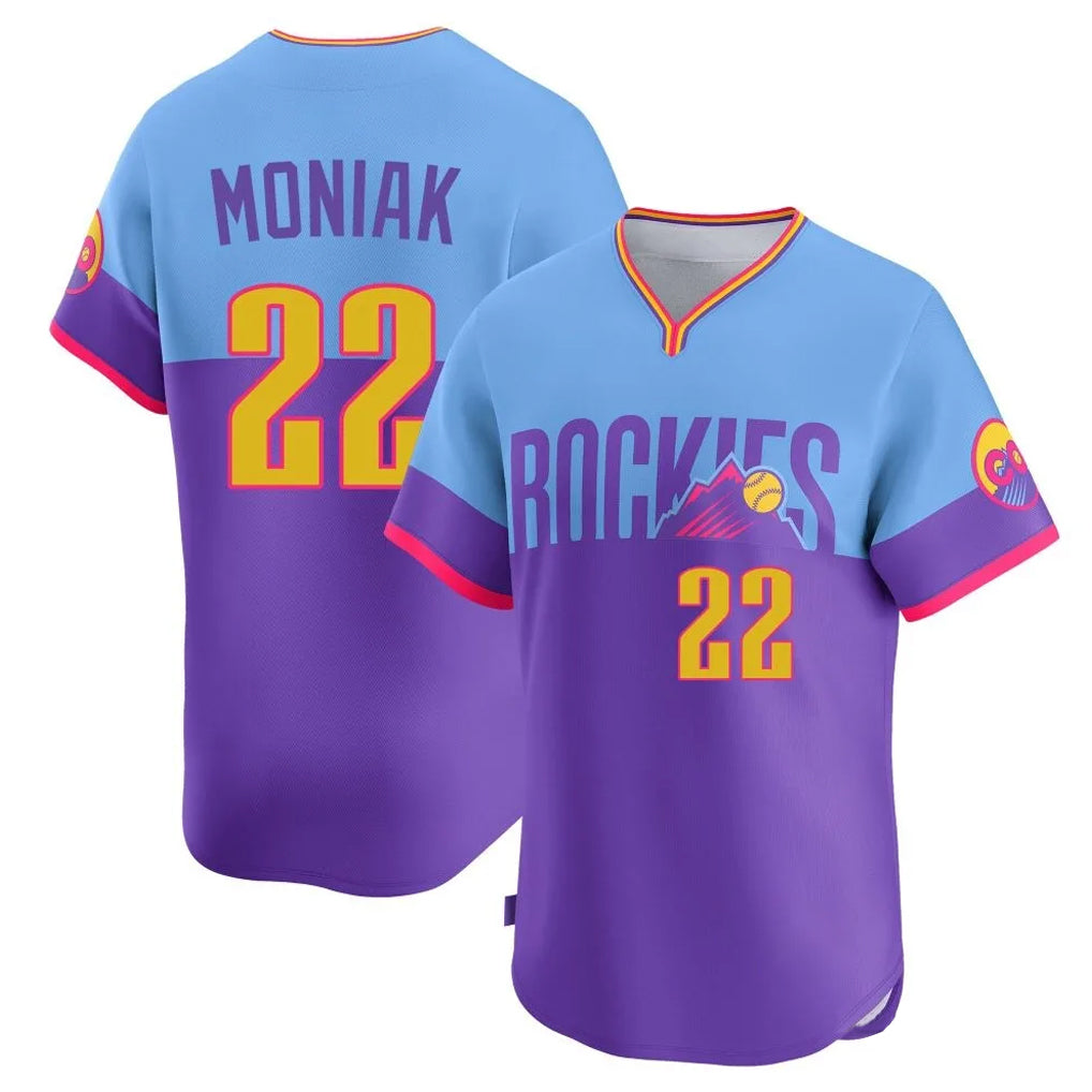 Seanshop C.Rockies #22 Mickey Moniak Player Purple-Light Blue City Connect Limited Home T-shirt Stitched Jerseys