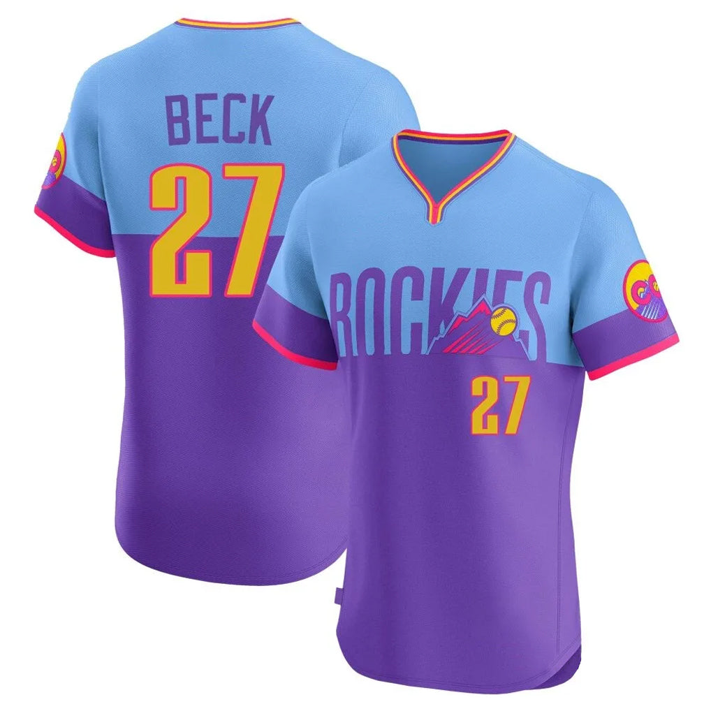 Seanshop C.Rockies #27 Jordan Beck Player Purple-Light Blue City Connect Limited Elite Home T-shirt Stitched Jerseys