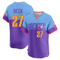 Seanshop C.Rockies #27 Jordan Beck Player Purple-Light Blue City Connect Limited Home T-shirt Stitched Jerseys