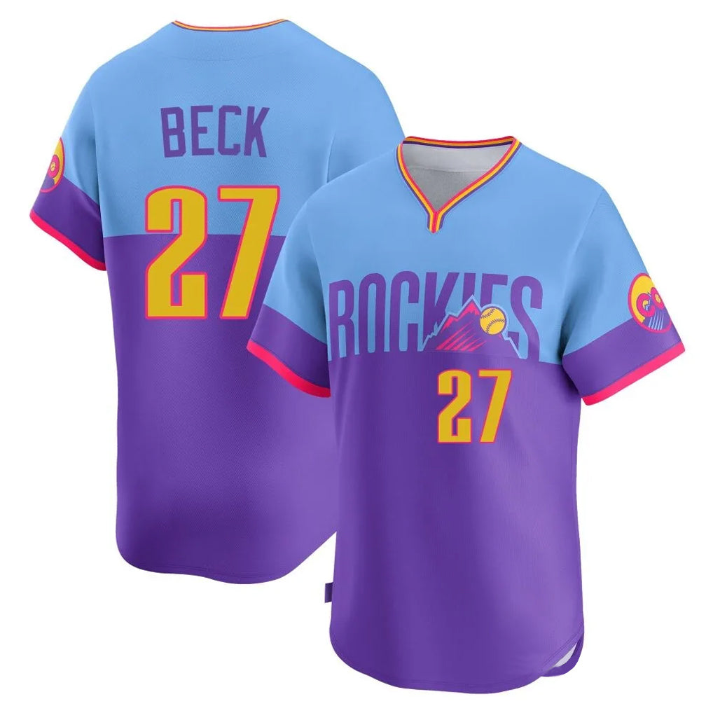Seanshop C.Rockies #27 Jordan Beck Player Purple-Light Blue City Connect Limited Home T-shirt Stitched Jerseys