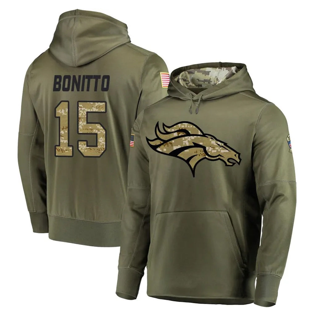 Seanshop D.Broncos #15 Nik Bonitto Player Olive Salute to Service Pullover Hoodies Home Game Stitched Jerseys