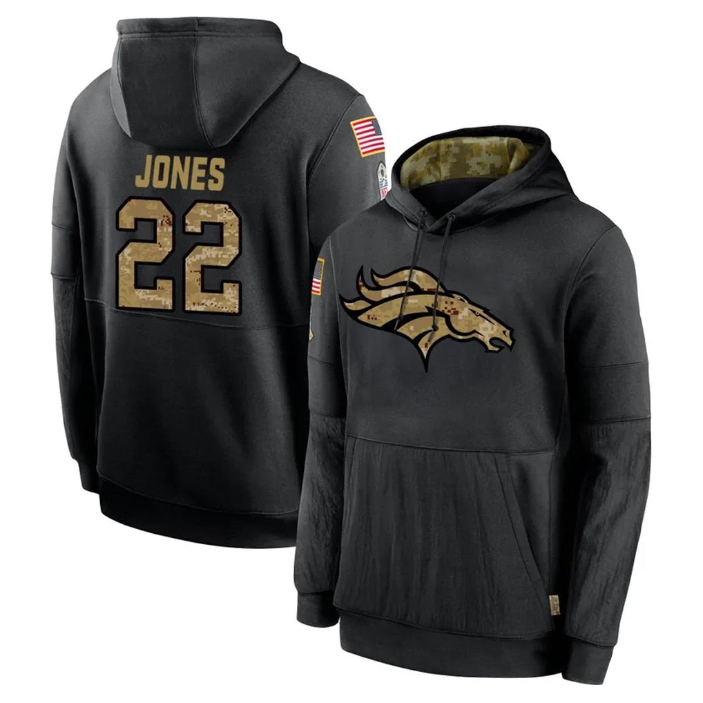 Seanshop D.Broncos #22 Brandon Jones Player Black Salute to Service Pullover Hoodies Limited Stitched Jerseys