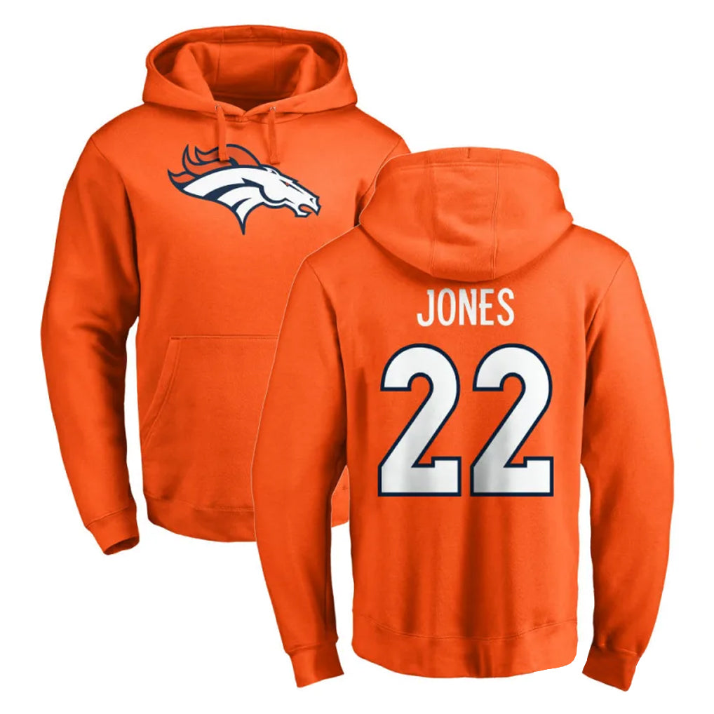 Seanshop D.Broncos #22 Brandon Jones Player Orange Pullover Hoodie Limited Stitched Jerseys