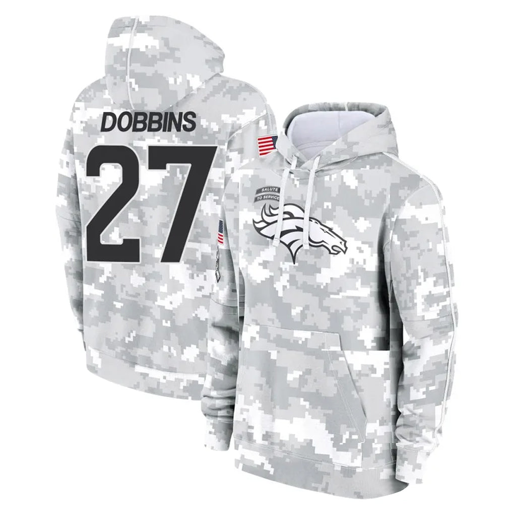 Seanshop D.Broncos #27 J.K. Dobbins Player Arctic Camo Salute to Service Hoodies Limited Game Stitched Jerseys