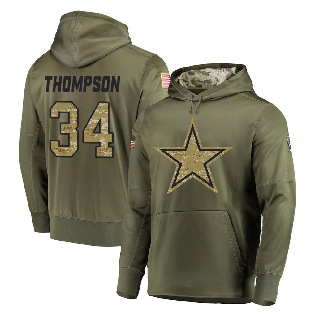 Seanshop D.Cowboys #34 Jalen Thompson Player Olive Salute to Service Pullover Hoodies Home Game Stitched Jerseys
