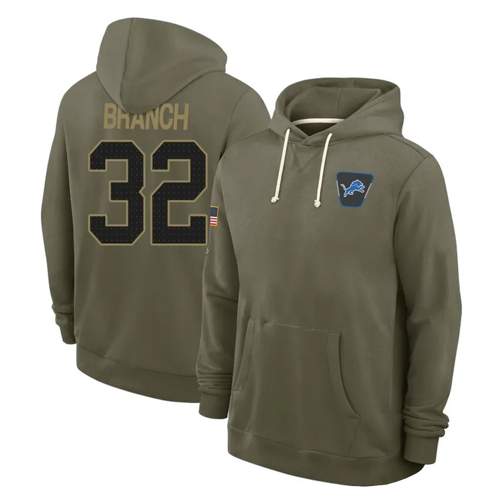 Seanshop D.Lions #32 Brian Branch Player Olive Salute to Service Pullover Hoodies Limited Stitched Jerseys
