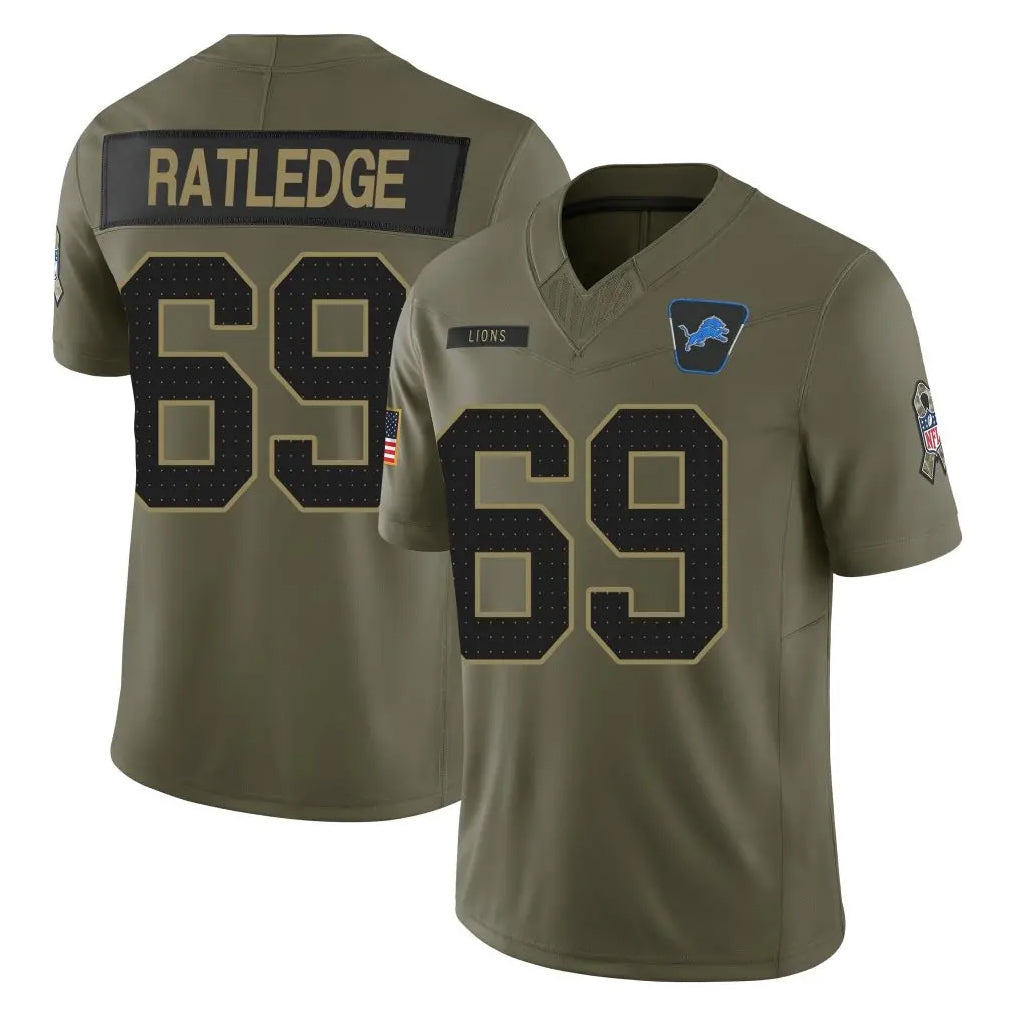Seanshop D.Lions #69 Tate Ratledge Player Olive 2025 Salute To Service Limited Home Game Stitched Jerseys