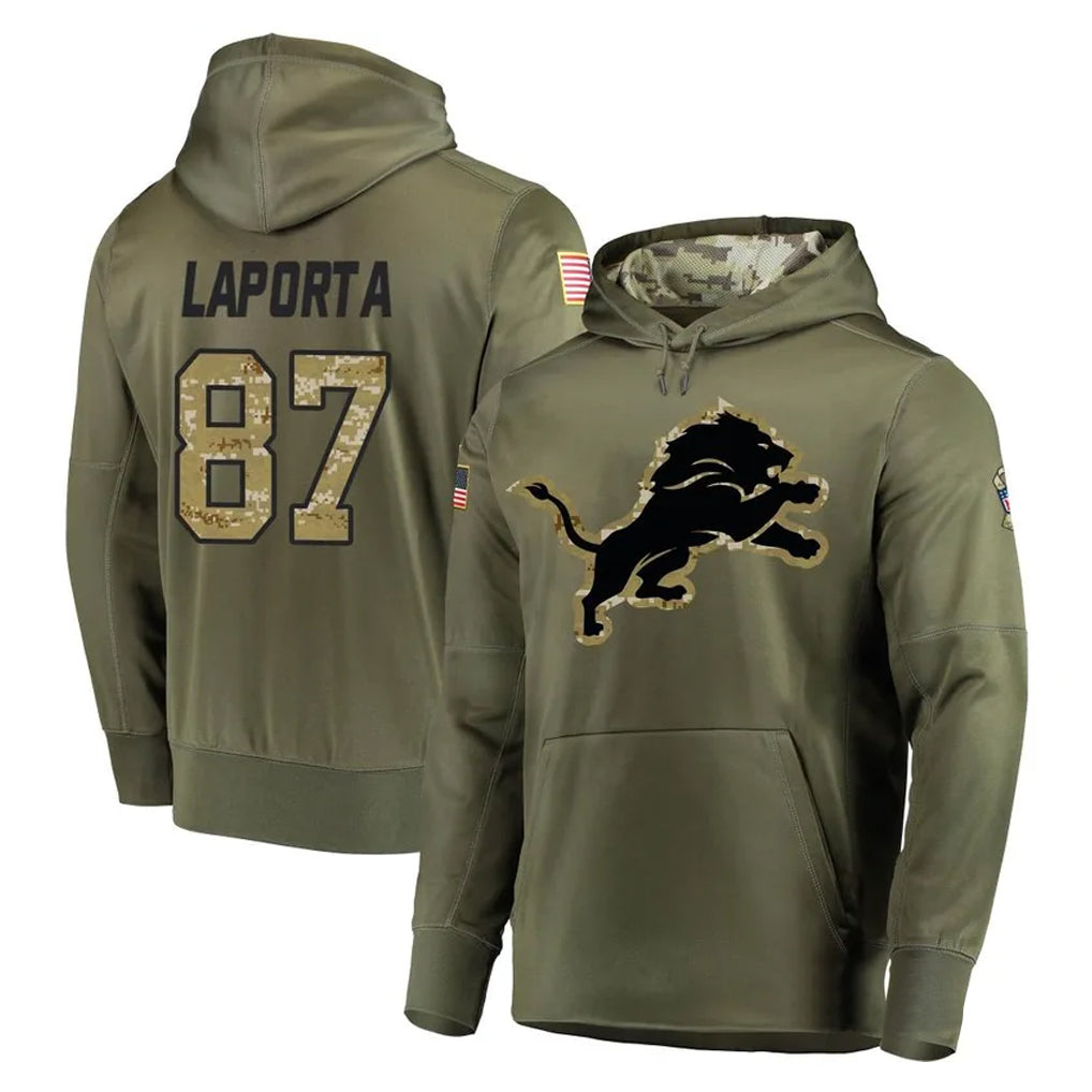 Seanshop  D.Lions #87 Sam LaPorta Player Olive Salute to Service Pullover Hoodies Home Game Stitched Jerseys