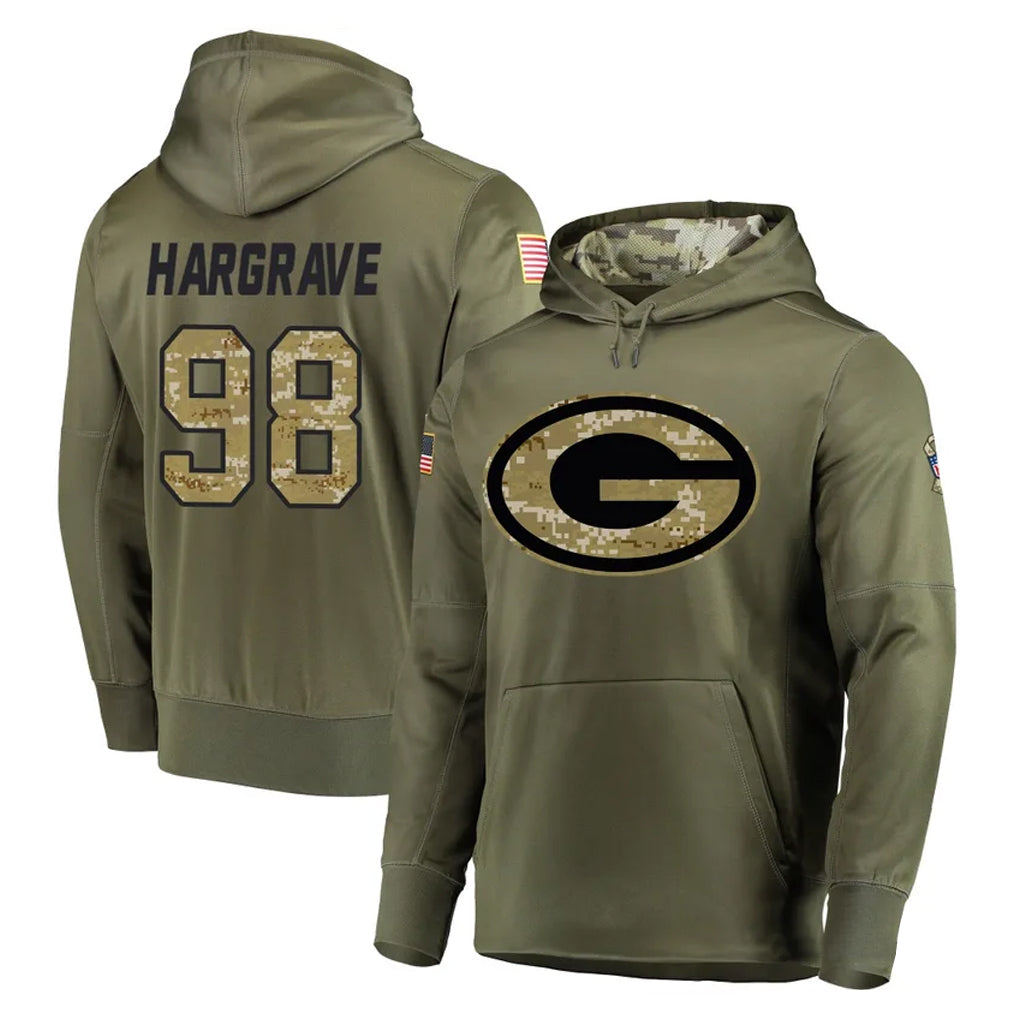 Seanshop GB.Packers #98 Javon Hargrave Player Olive Salute to Service Pullover Hoodies Home Game Stitched Jerseys