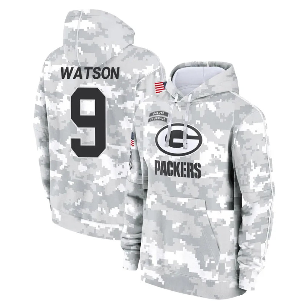 Seanshop GB.Packers #9 Christian Watson Player Arctic Camo Salute to Service Hoodies Limited Game Stitched Jerseys