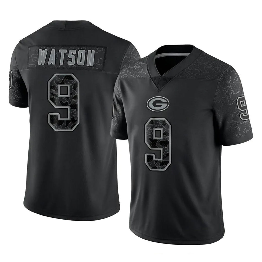 Seanshop GB.Packers #9 Christian Watson Player Black Reflective Limited Home Game Stitched Jerseys