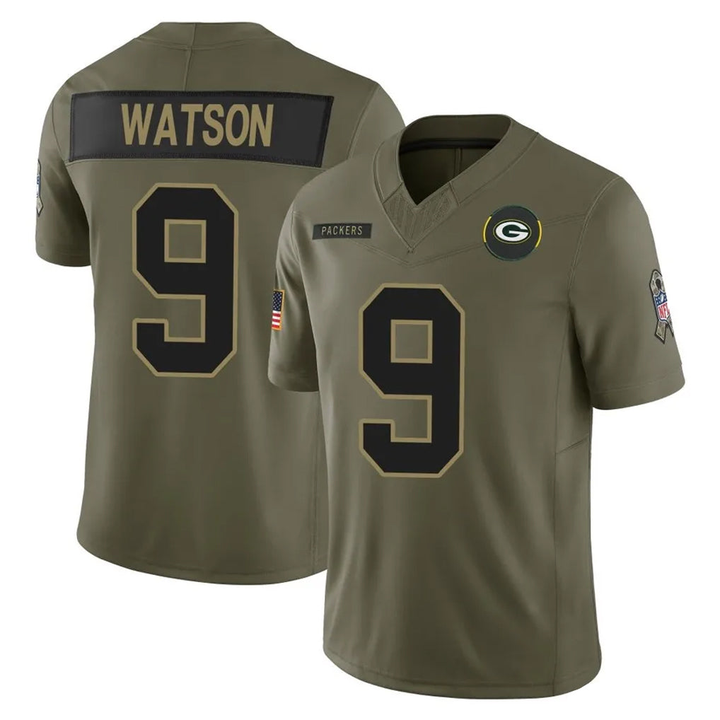 Seanshop GB.Packers #9 Christian Watson Player Olive 2025 Salute To Service Limited Home Game Stitched Jerseys