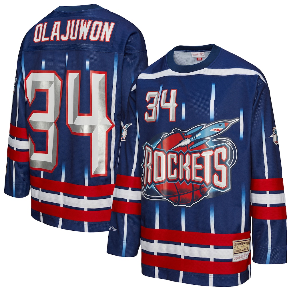 Seanshop H.Rockets #34 Hakeem Olajuwon Mitchell & Ness Navy Maxxed Out Fashion Hockey Stitched Jerseys