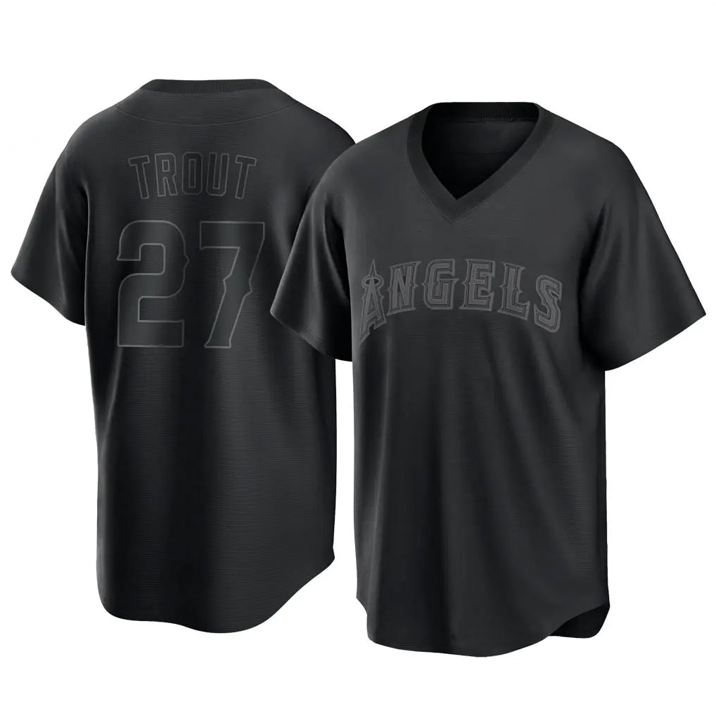 Seanshop LA.Angels #27 Mike Trout Player Black Pitch Fashion T-shirt Stitched Jerseys