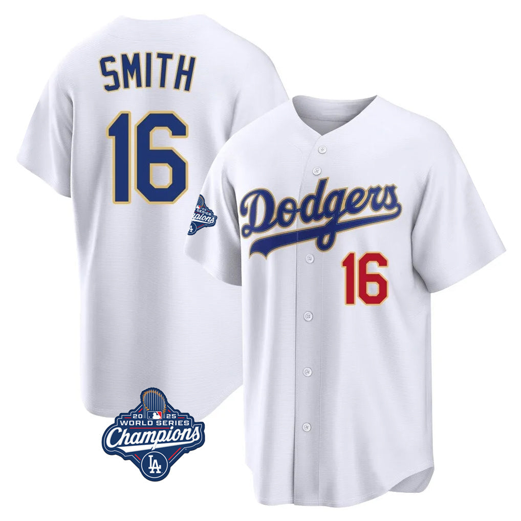 Seanshop LA.Dodgers #16 Will Smith Player Gold White World Series Meet 2026 Collection Stadium Limited Stitched Jerseys