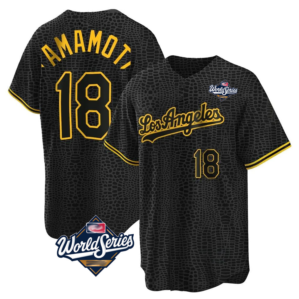 Seanshop LA.Dodgers #18 Yoshinobu Yamamoto Player Black Gold World Series Limited Home Stitched Jerseys