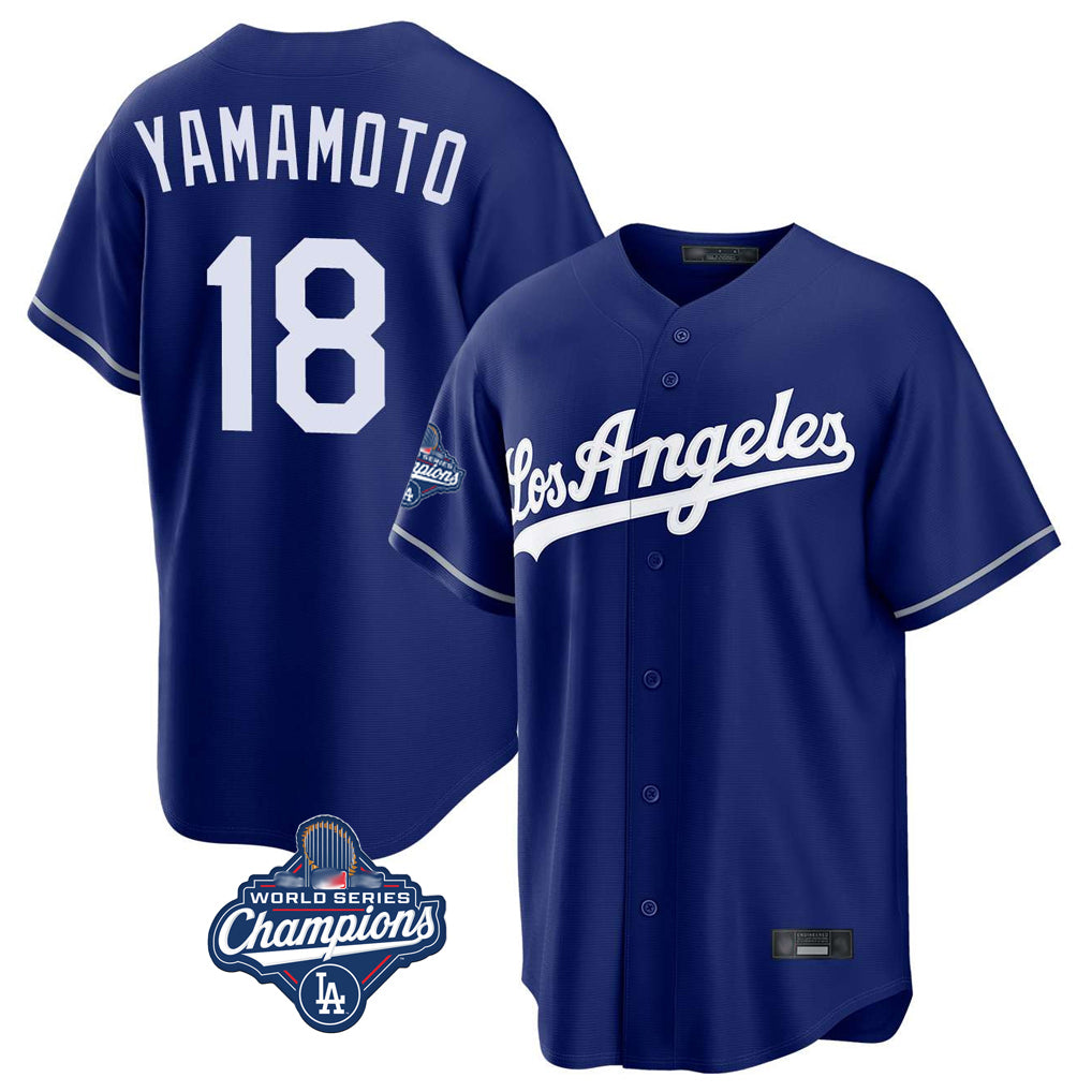 Seanshop LA.Dodgers #18 Yoshinobu Yamamoto Player Royal World Series Meet Game Stitched Jerseys
