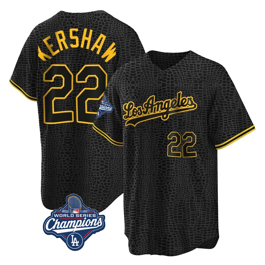 Seanshop LA.Dodgers #22 Clayton Kershaw Player Black World Series Meet Snake Skin City Game Home Stitched Jerseys