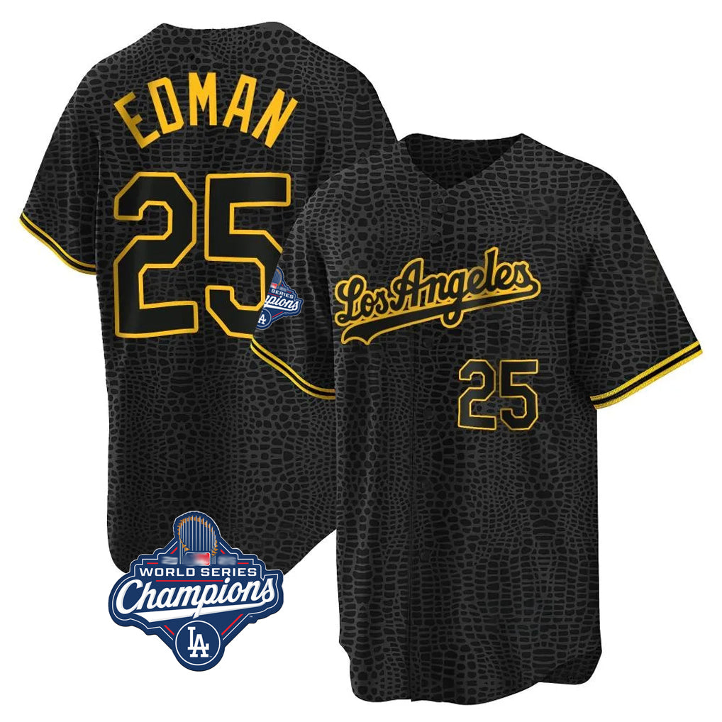 Seanshop LA.Dodgers #25 Tommy Edman Player Black World Series Meet Snake Skin City Game Home Stitched Jerseys