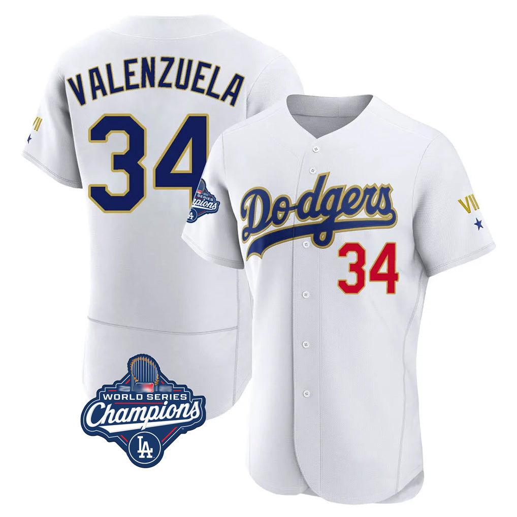 Seanshop LA.Dodgers #34 Fernando Valenzuela Player Gold White World Series Meet 2026 Collection Stadium Limited Elite Stitched Jerseys