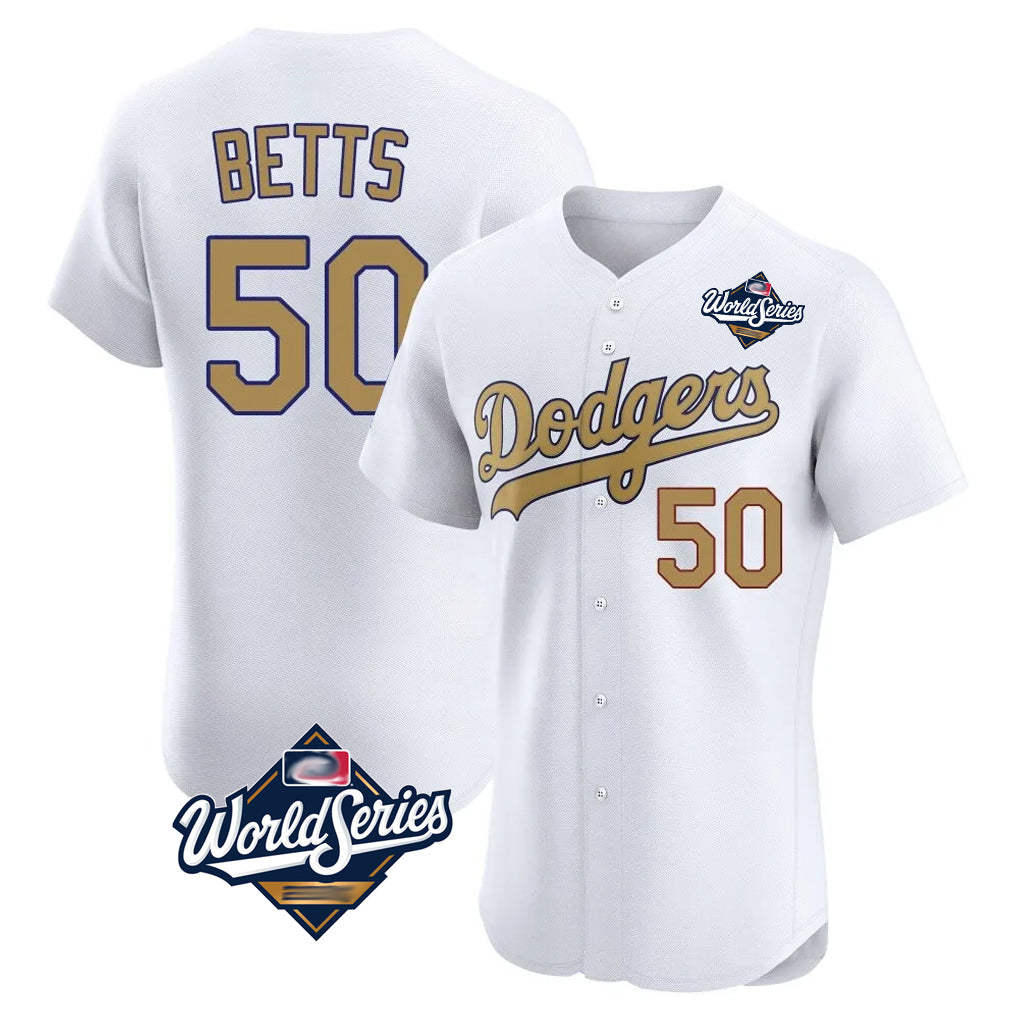 Seanshop LA.Dodgers #50 Mookie Betts Player Gold World Series Limited Elite Home Stitched Jerseys