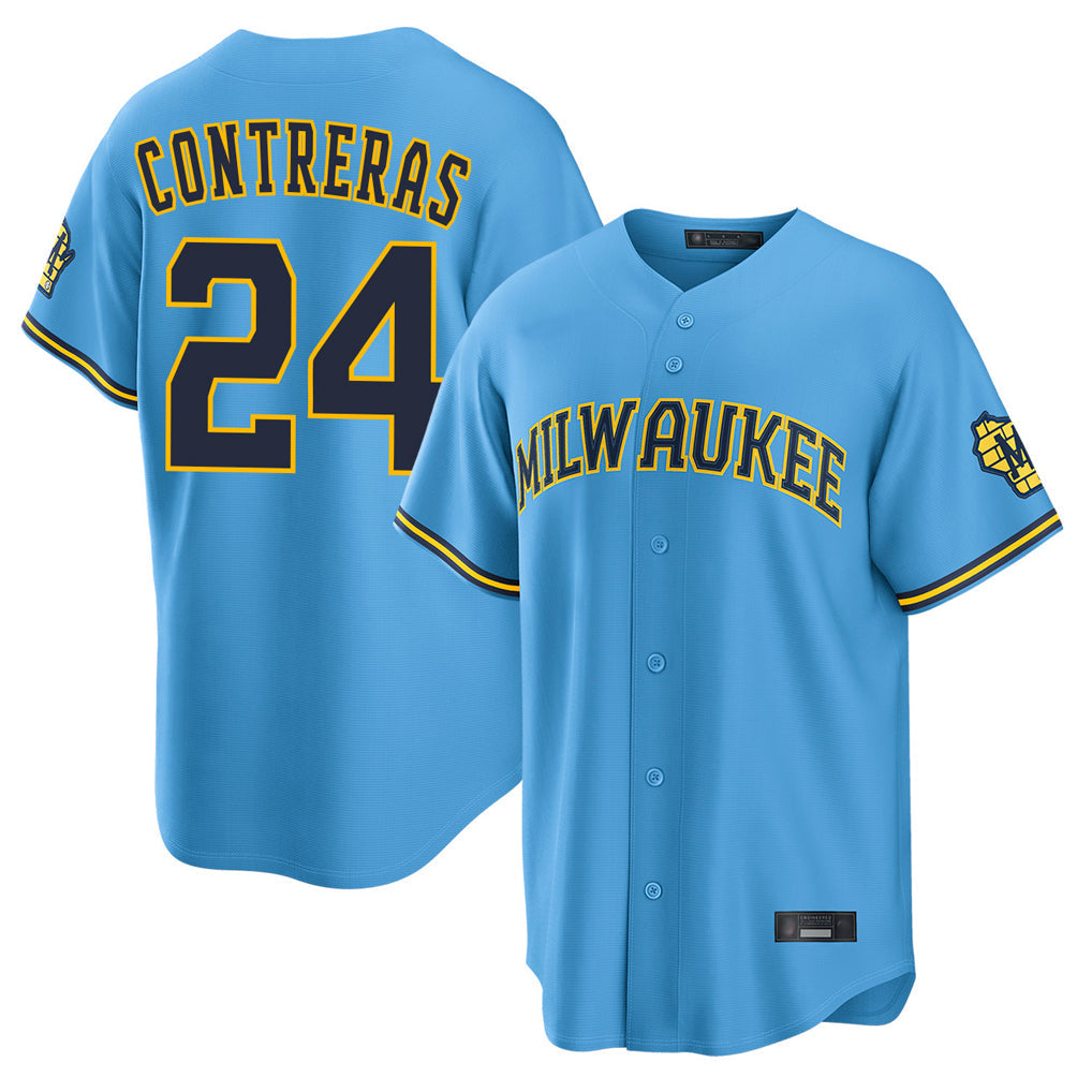 Seanshop M.Brewers #24 William Contreras Player Light Blue Road Stadium Game Stitched Jerseys