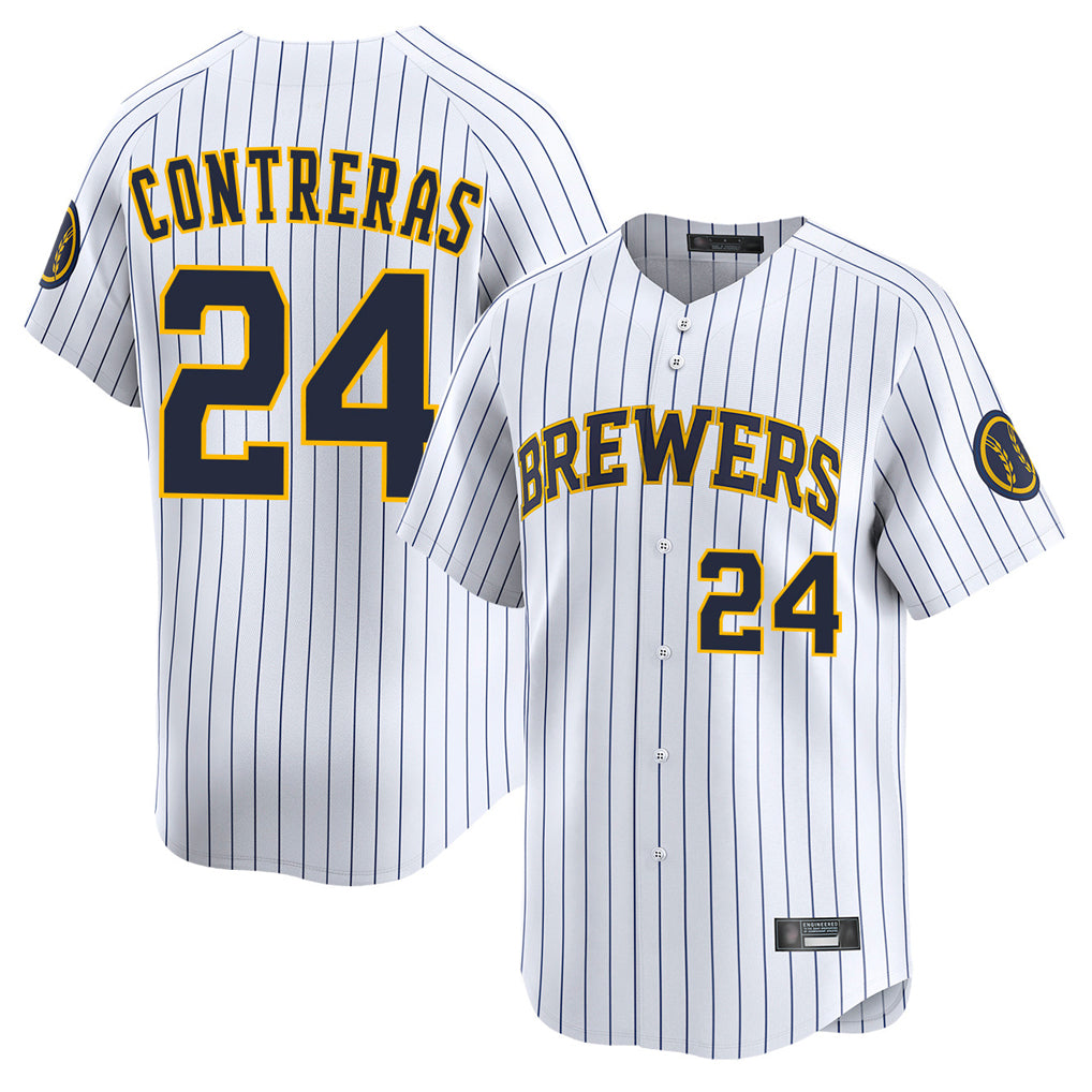 Seanshop M.Brewers #24 William Contreras Player White Stripes Home Limited Game Stitched Jerseys