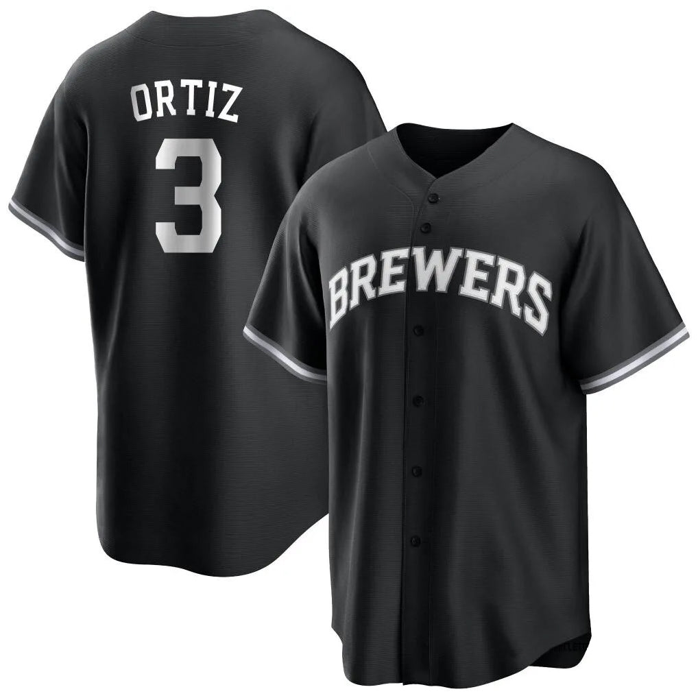 Seanshop M.Brewers #3 Joey Ortiz Player Black Game Home Stitched Jerseys