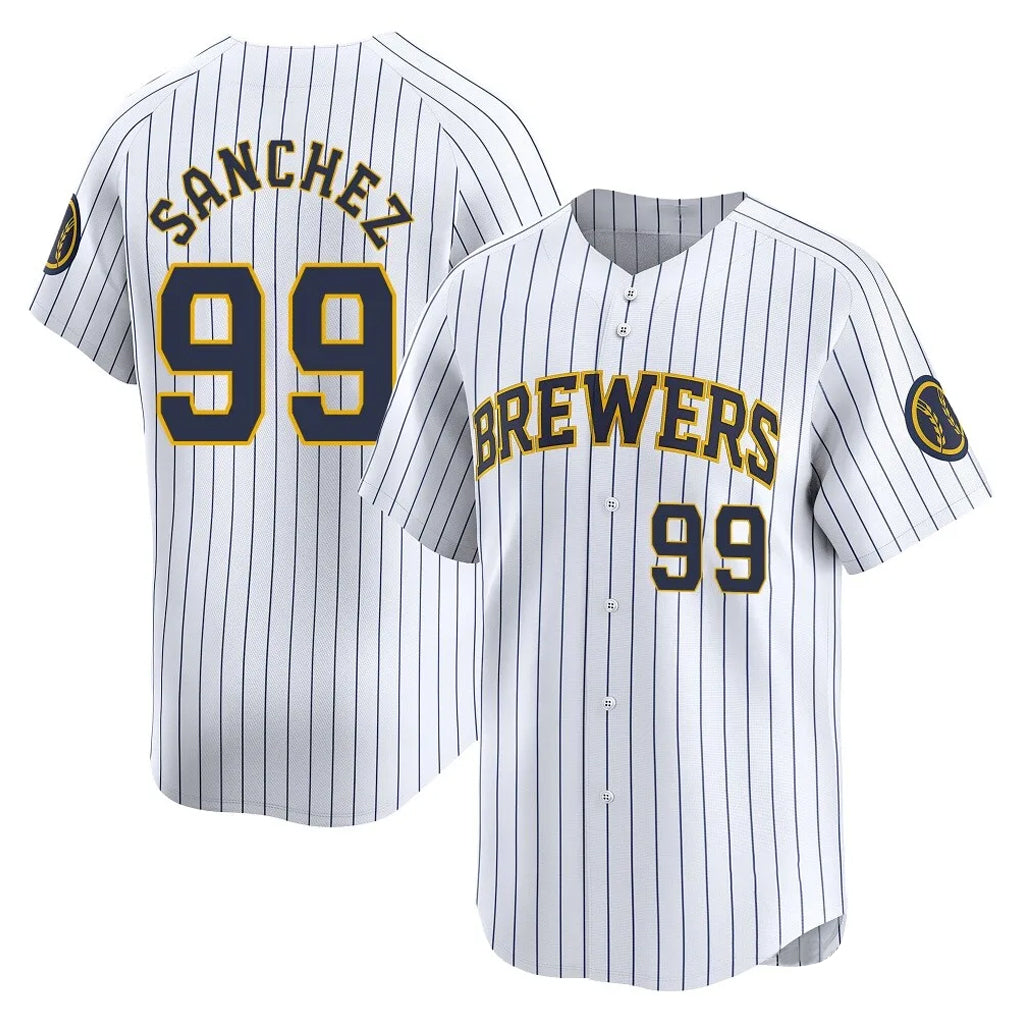 Seanshop M.Brewers #99 Gary Sanchez Player White Stripes Home Game Stitched Jerseys