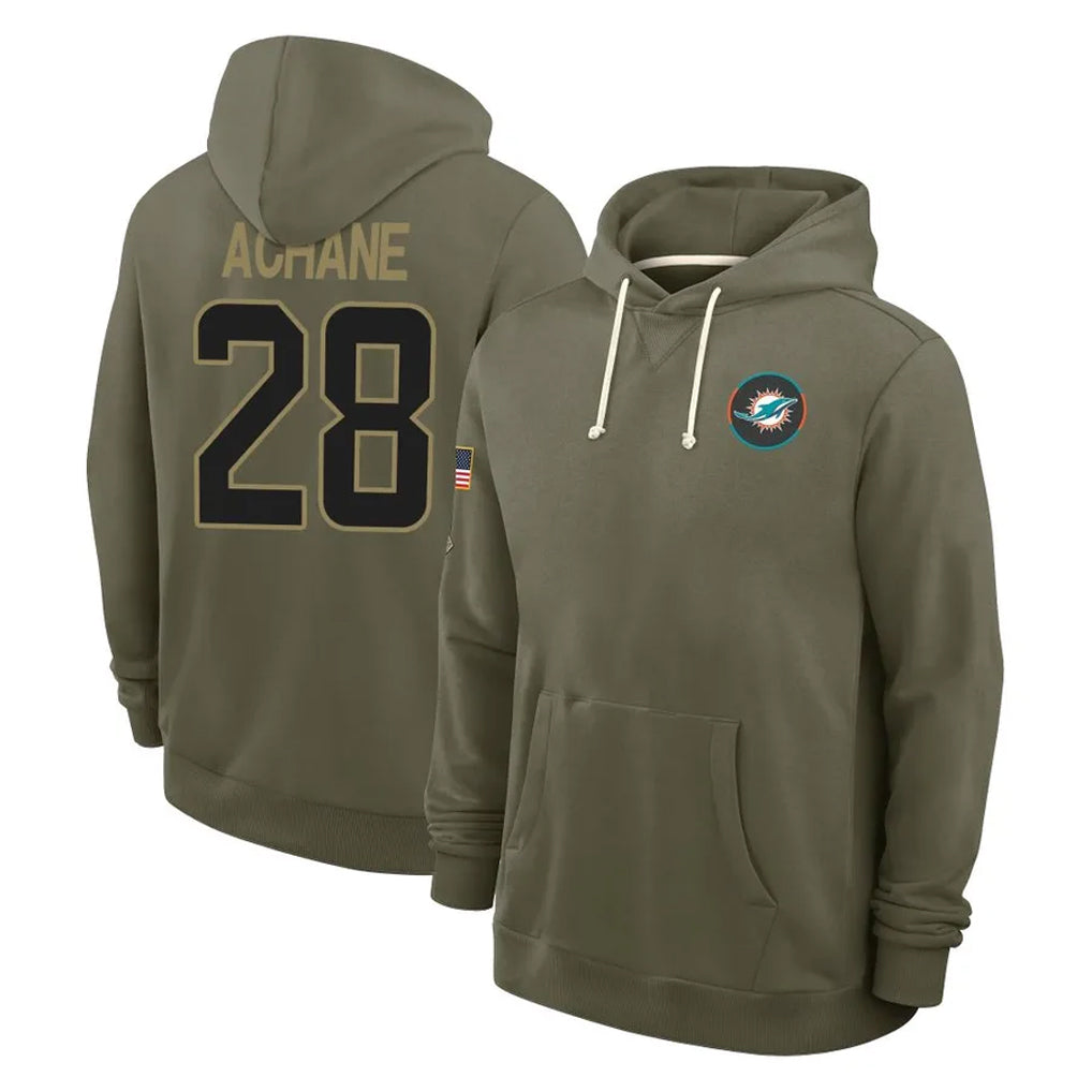 Seanshop M.Dolphins #28 De'Von Achane Player Olive Salute to Service Pullover Hoodies Limited Stitched Jerseys