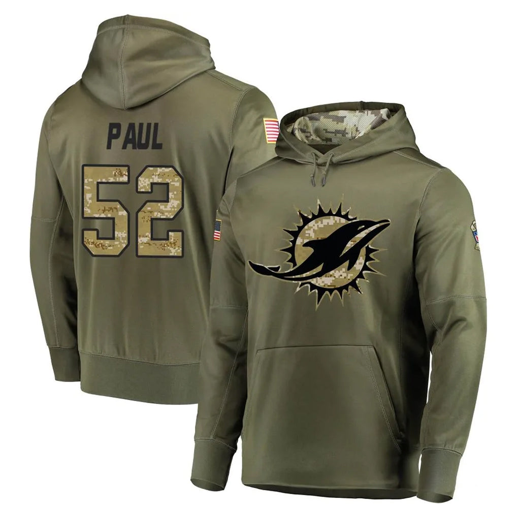 Seanshop M.Dolphins #52 Patrick Paul Player Olive Salute to Service Pullover Hoodies Home Game Stitched Jerseys