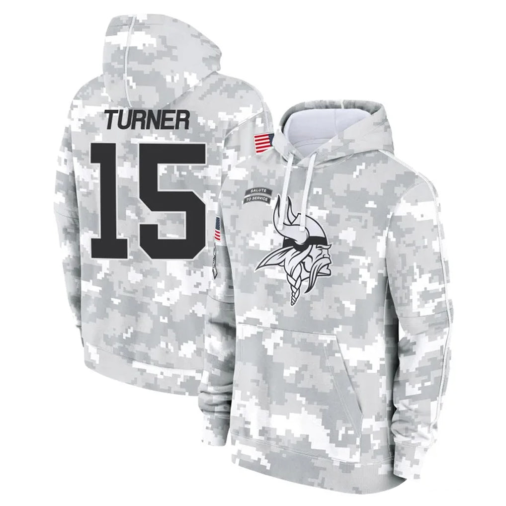 Seanshop M.Vikings #15 Dallas Turner Player Arctic Camo Salute to Service Pullover Hoodies Limited Game Stitched Jerseys