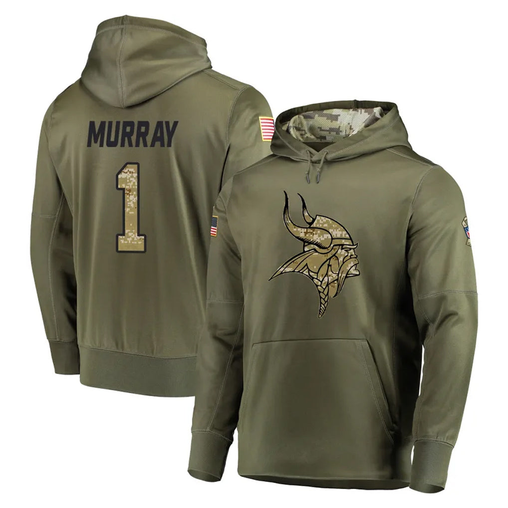 Seanshop M.Vikings #1 Kyler Murray Player Olive Salute to Service Pullover Hoodies Home Game Stitched Jerseys