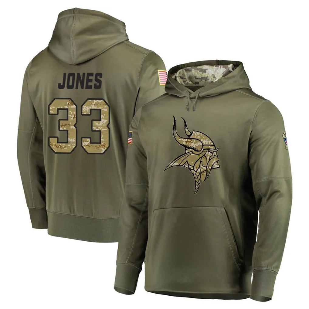 Seanshop M.Vikings #33 Aaron Jones Sr. Player Olive Salute to Service Pullover Hoodies Home Game Stitched Jerseys
