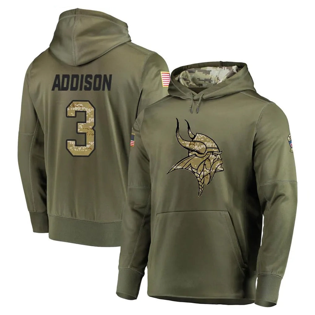 Seanshop M.Vikings #3 Jordan Addison Player Olive Salute to Service Pullover Hoodies Home Game Stitched Jerseys