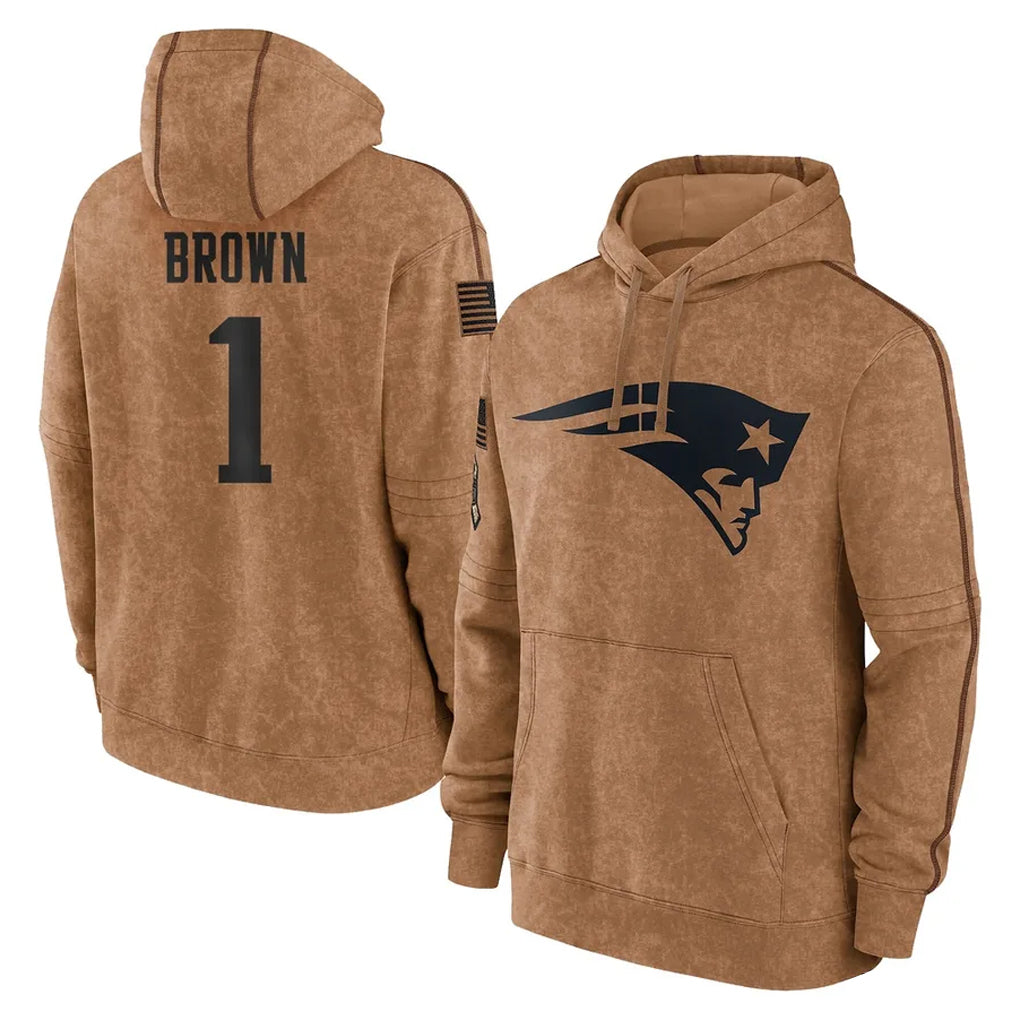 Seanshop NE.Patriots #1 A.J. Brown Player Brown Salute to Service Pullover Hoodies Limited Game Stitched Jerseys