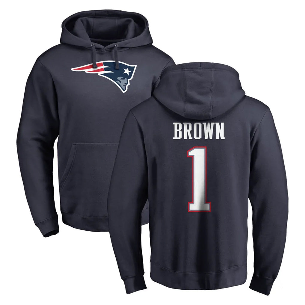 Seanshop NE.Patriots #1 A.J. Brown Player Navy LOGO Pullover Hoodies Home Game Stitched Jerseys