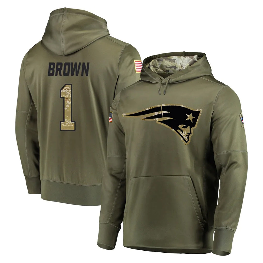 Seanshop NE.Patriots #1 A.J. Brown Player Olive Salute to Service Pullover Hoodies Home Game Stitched Jerseys