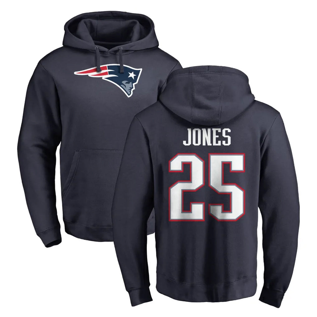 Seanshop NE.Patriots #25 Marcus Jones Player Navy LOGO Pullover Hoodies Home Game Stitched Jerseys