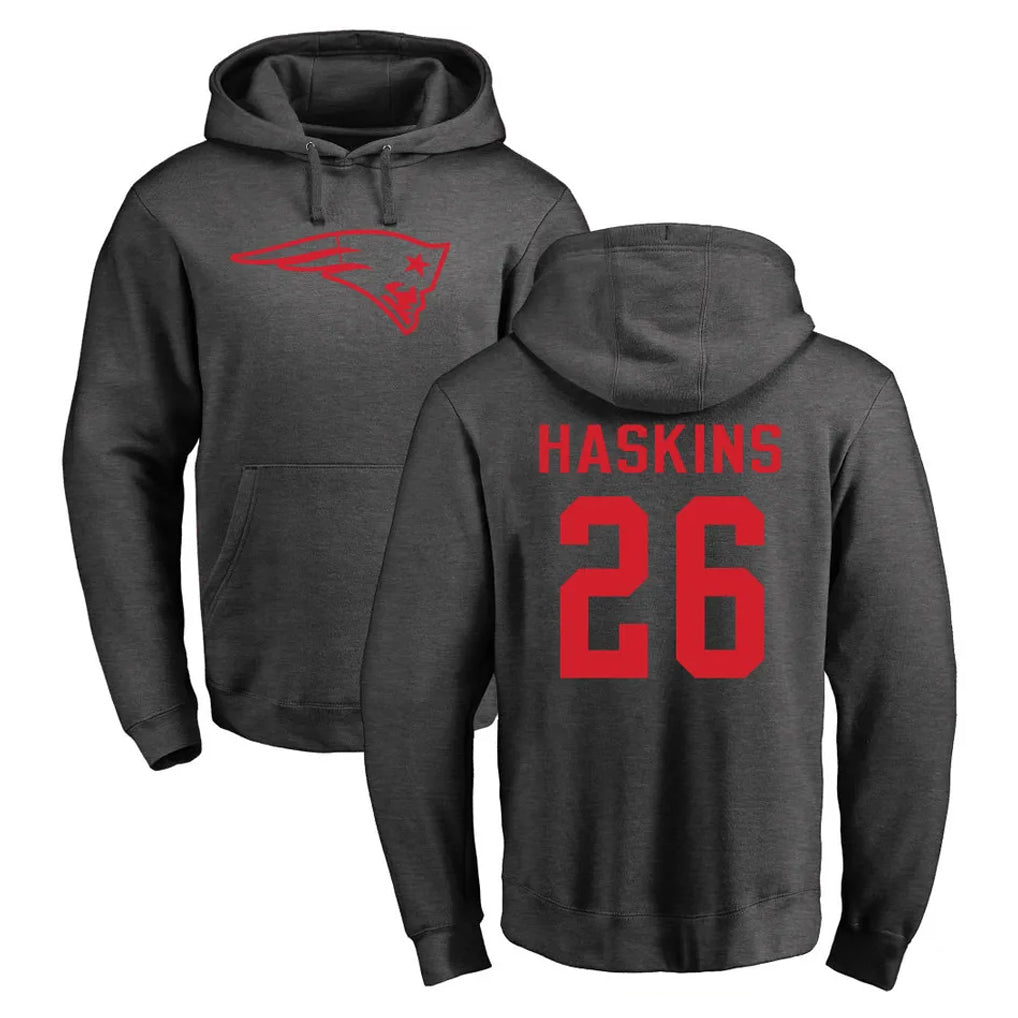 Seanshop NE.Patriots #26 Hassan Haskins Player Gray Pullover Hoodies Home Game Stitched Jerseys